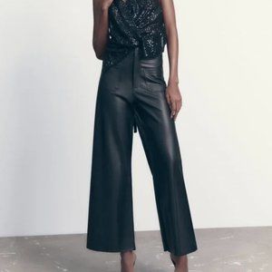 Zara Women's High Rise Wide Leg Marine Faux Leather Pants Size 6
